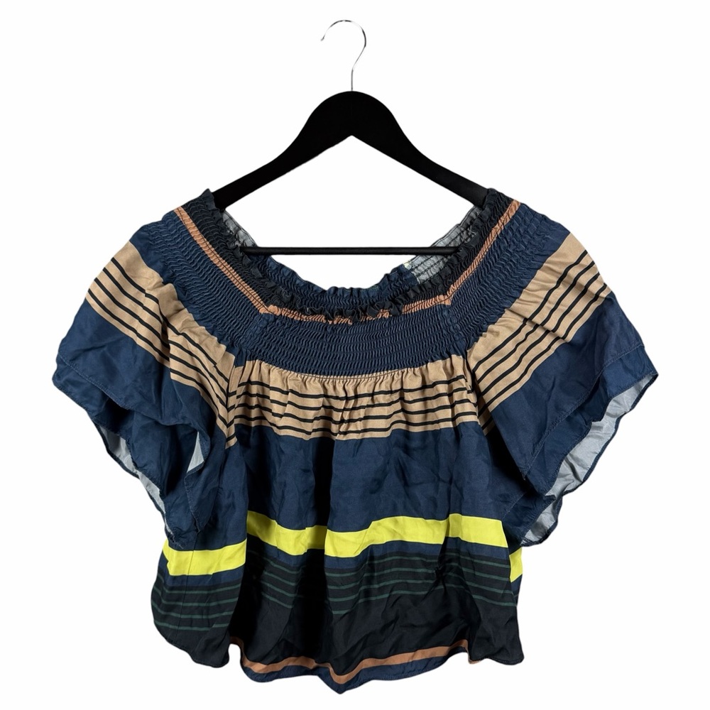 Apiece Apart Navy Off-Shoulder Multicolor Striped Top Blouse Sz 6